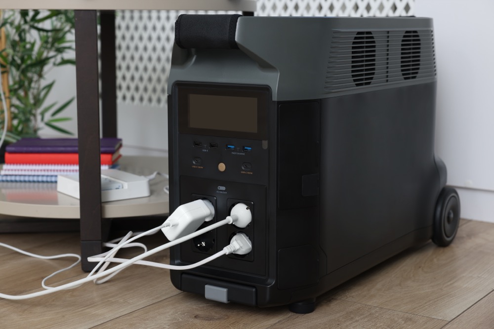 Portable power station with several charging cables connected