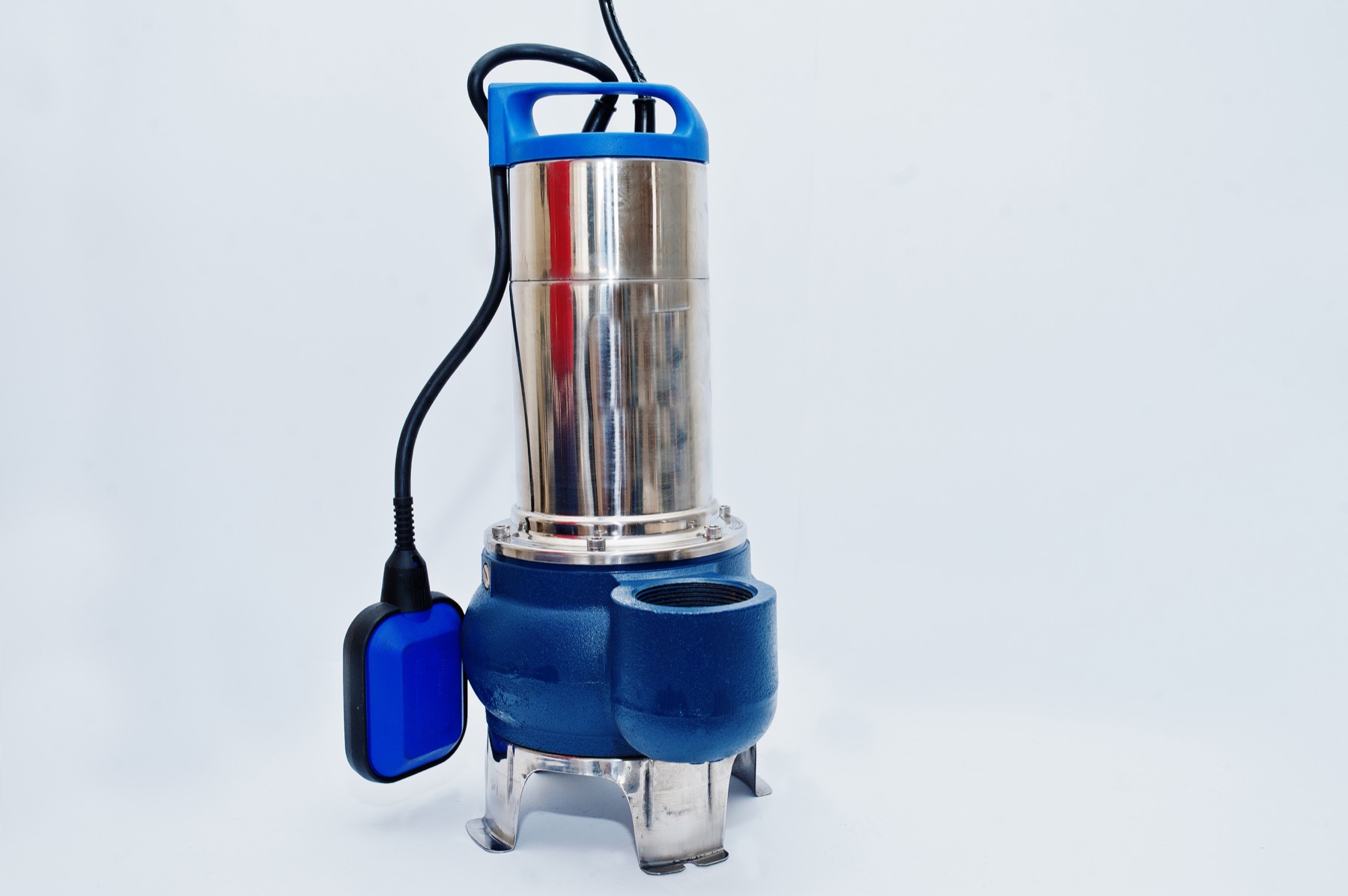 A stainless-steel submersible water pump with a float switch