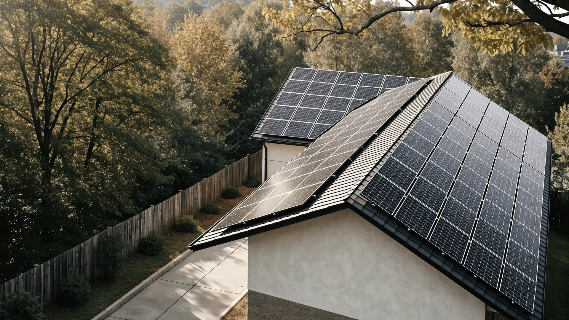 Painéis solares em duas águas do telhado.