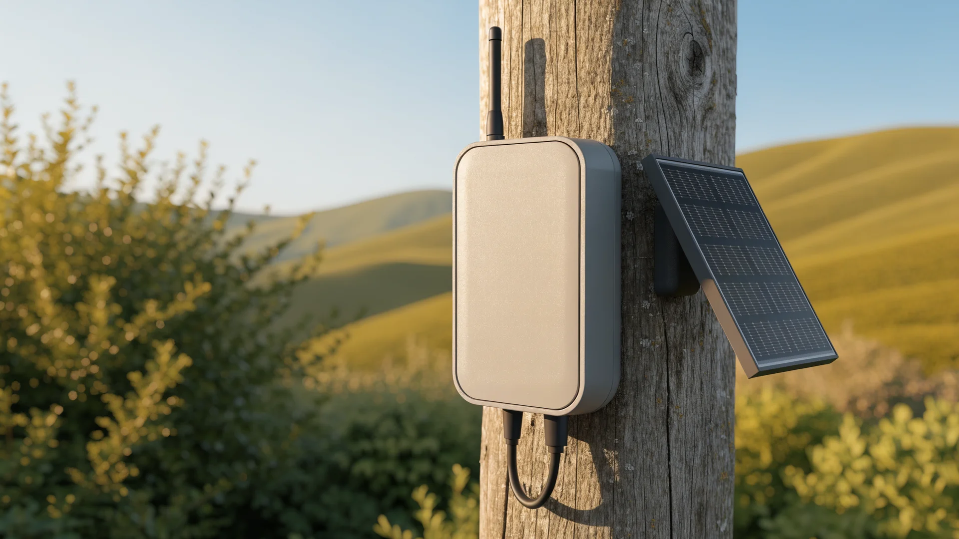 Small LoRa radio node with antenna and solar panel mounted outdoors