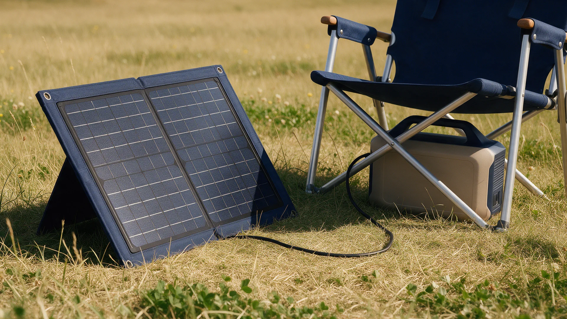 A foldable solar panel angled towards the sun on a meadow, with a small power station in the shade