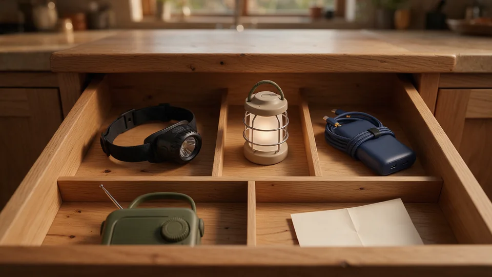 Un tiroir ouvert contenant une lampe frontale, une petite lanterne, une batterie externe avec son câble, une radio et une note papier