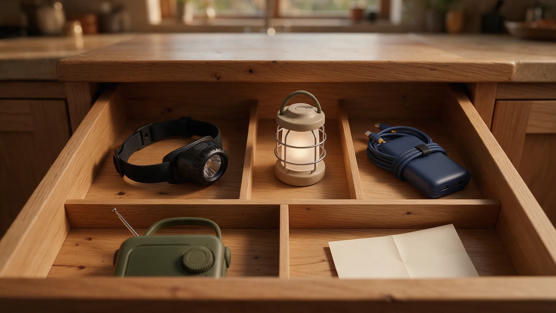 An open drawer with a head torch, a small lantern, a power bank with its cable, a radio and a paper note