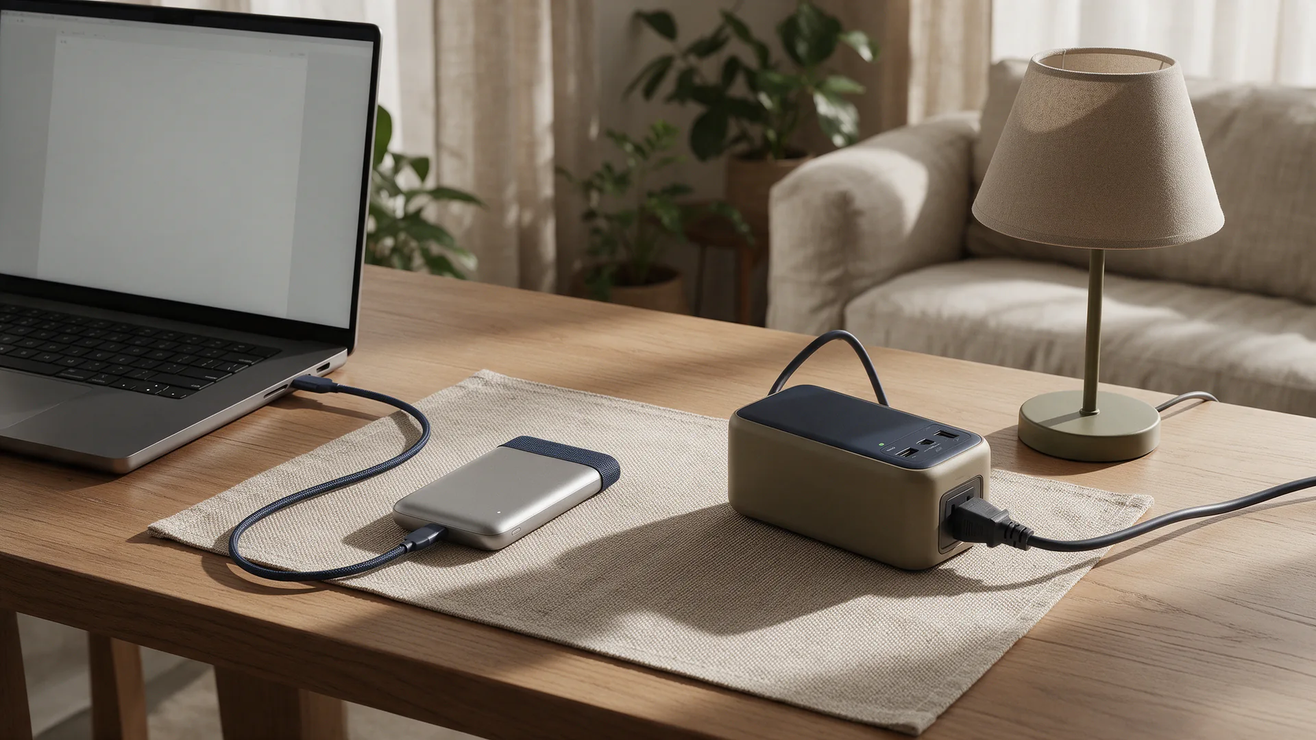 A power bank charging a laptop over USB-C next to a small power station running a desk lamp