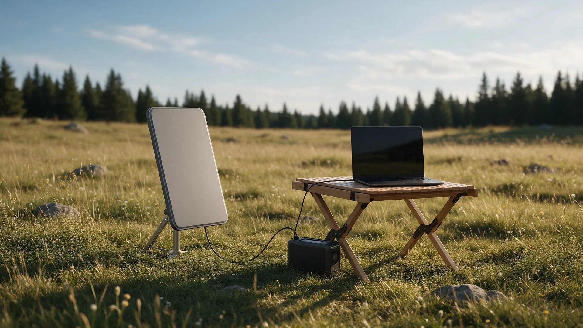 A compact satellite dish on a stand in an open meadow, its cable running to a power bank in the shade