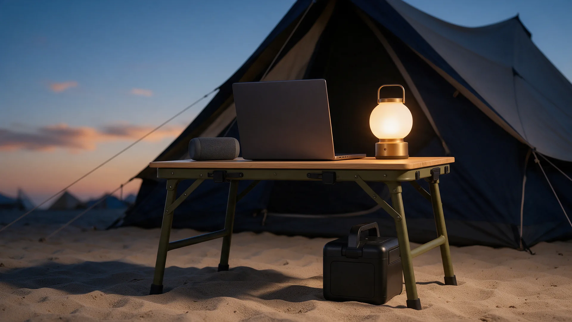 A laptop, a lantern and a small speaker on a camping table at dusk next to a tent