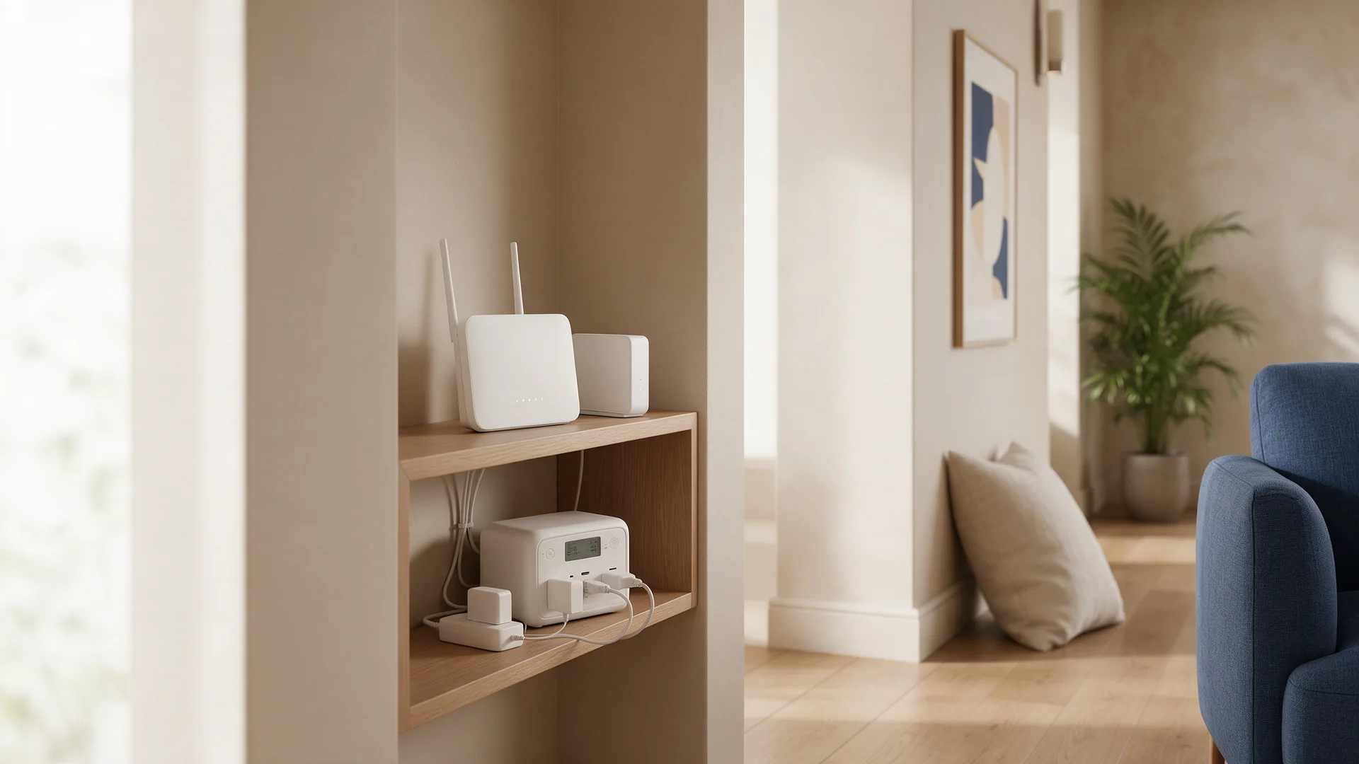 A Wi-Fi router and a small fibre box on a shelf, both connected to a compact power station