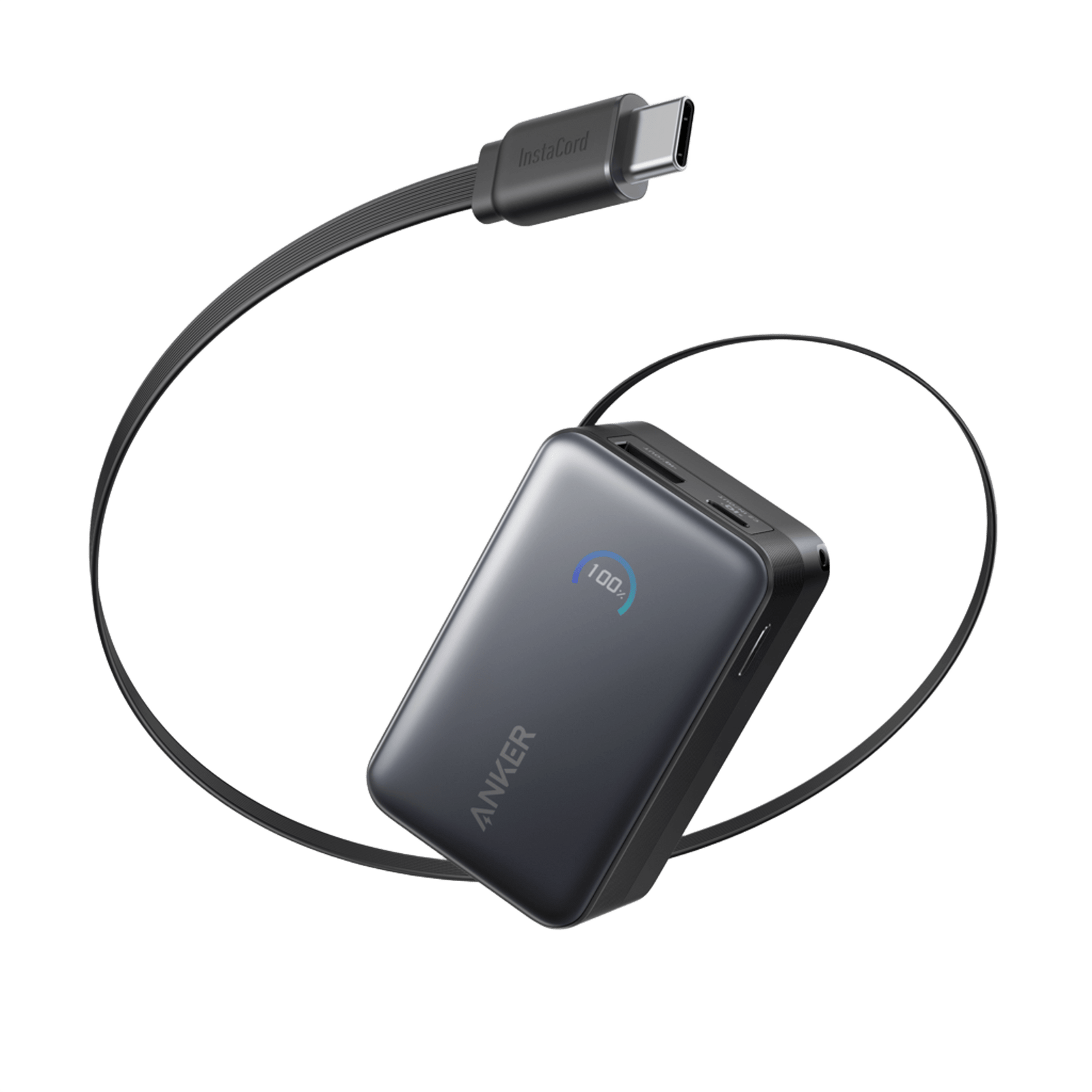Anker Nano A1638 met display, USB-poorten en uitgetrokken ingebouwde USB-C-kabel
