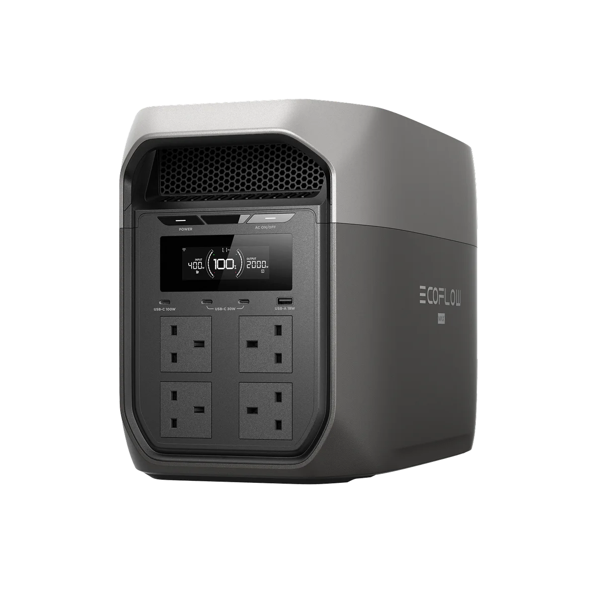 EcoFlow DELTA 3 Max — Manufacturer gallery model illustration (UK-style outlets); delivered hardware may differ.