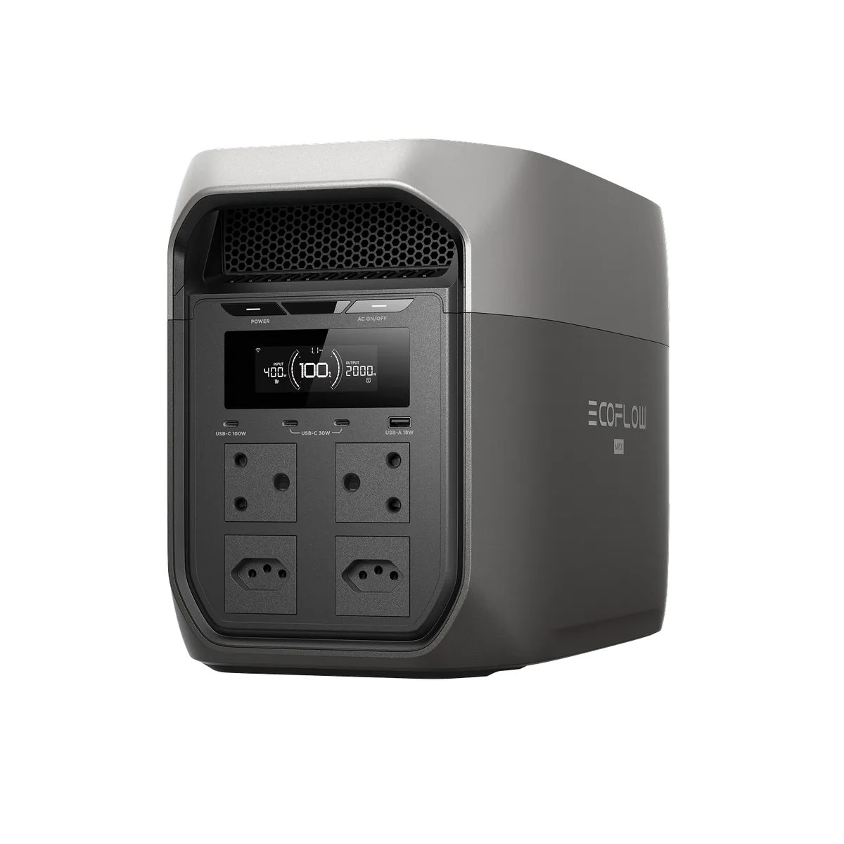 EcoFlow DELTA 3 Max — Manufacturer gallery model illustration (ZA-style outlets); delivered hardware may differ.