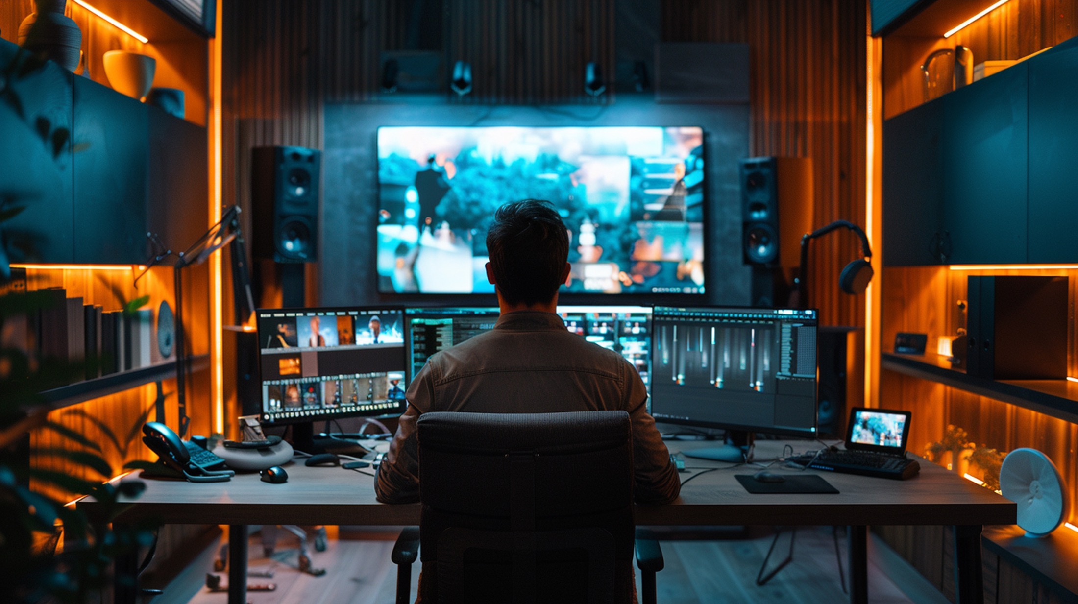 A professional video workstation with several large displays